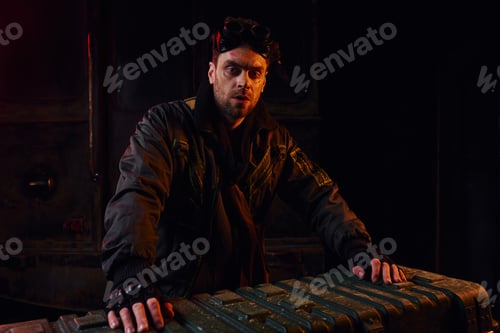 Preview: man with goggles and scratched face near weapon box in abandoned subway, post-apocalyptic concept