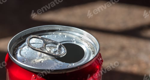 Preview: Closeup of open soda can with water drops on blurred background