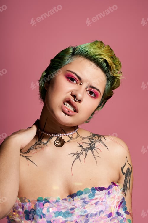 Preview: Stylish young woman sports unique fashion in bold colors for an expressive portrait