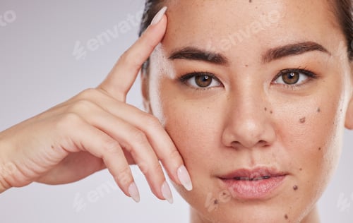 Preview: Face portrait, skincare and beauty of woman in studio isolated on a gray background. Makeup, natura