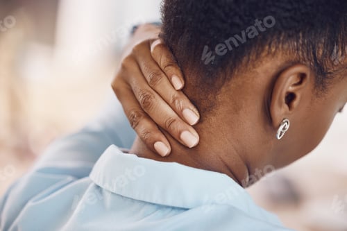 Preview: Back pain and black woman hand on neck or with muscle, bone or medical injury from office work post