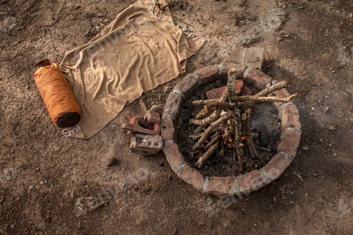 Preview: Overhead view of campfire and rug, Arkansas, USA