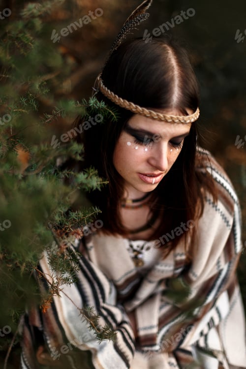 Preview: beautiful native indian american woman with warrior shaman make up