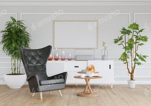 Preview: 3D mockup photo frame with houseplant in living room rendering