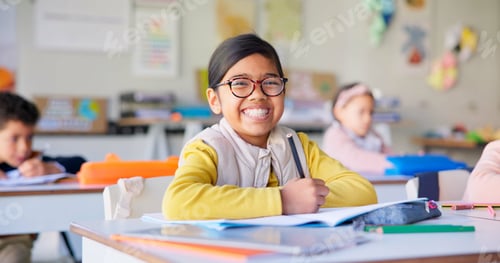 Preview: Smile, learning and study with girl in classroom for education, knowledge and writing. Scholarship,