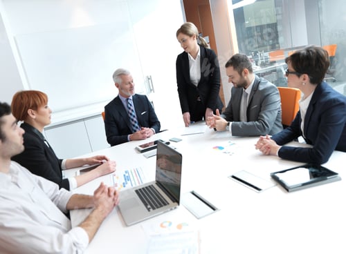 Preview: Business People Group On Meeting At Modern Bright Office Indoors. Senior Businessman As Leader In