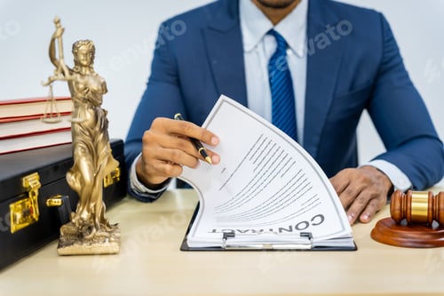 Preview: Male Asian lawyer in formal suit handles contracts, agreements, legal obligations, rights liberties