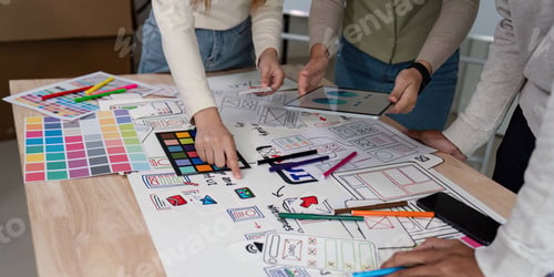 Preview: Brainstorm team of creative web graphic designer planning. Creative designers present ux ui to team
