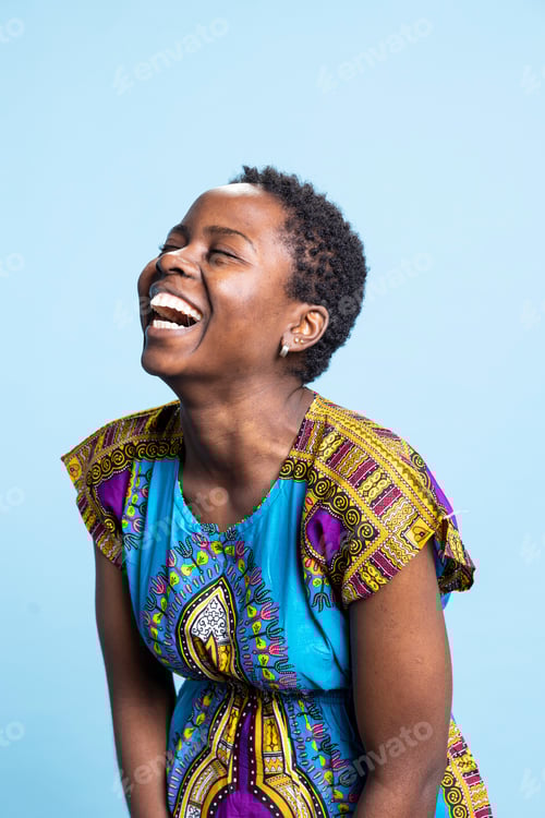 Preview: African american smiling person feeling happy and satisfied in studio