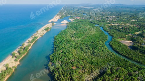 Preview: Panoramic aerial drone view of river and sea in Pantai Angin Berbisik, Marang, Terengganu, Malaysia