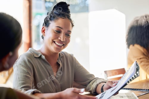 Preview: Office, b2b and woman with smile and documents for business proposal, training or advice at meeting