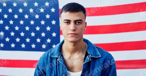 Preview: Man, american flag and portrait for billboard fabric, pride and heritage in background. Male model,