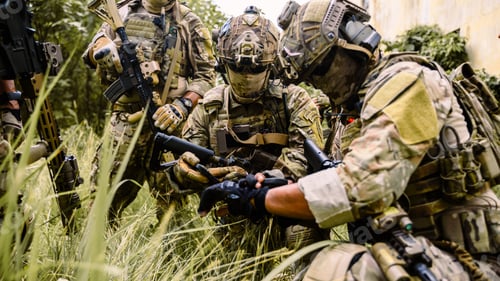 Preview: Smart teamwork of soldiers running forward and attacking enemy during military operation, Army