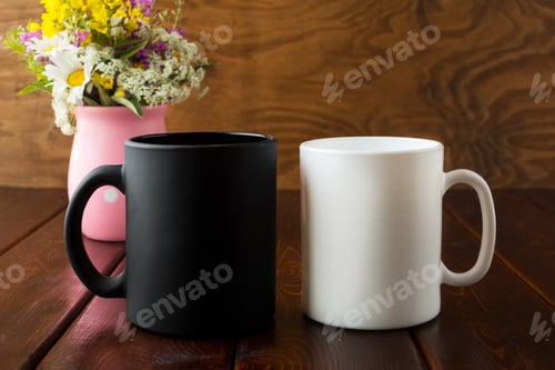 Preview: White and black mug rustic mockup with wildflowers in pink vase