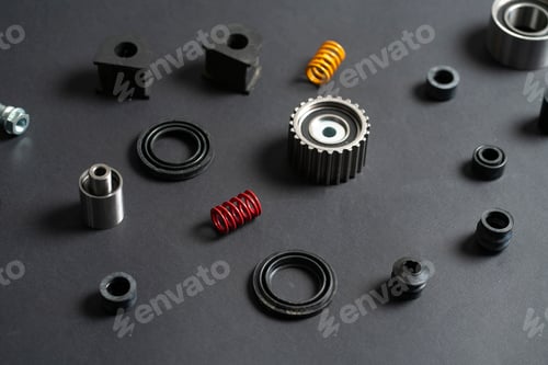 Preview: a new car spare parts flat lay, pieces for automobile engine repair, flat lay