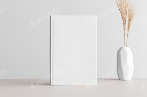 Preview: White book mockup with a dried grass in a vase on a beige table.