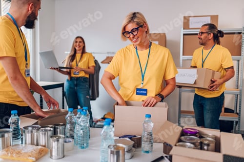 Preview: Portrait of a volunteer holding cardboard box with his colleagues in the background