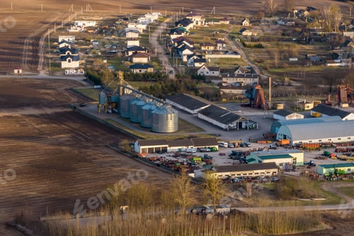 Preview: aerial panoramic view on agro-industrial complex with silos and grain drying line