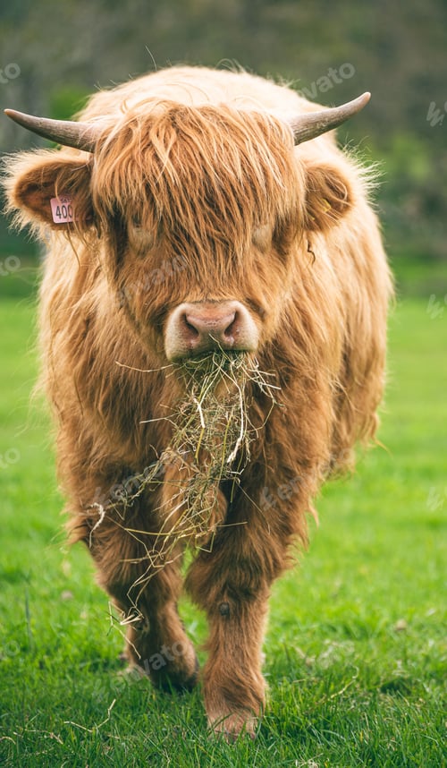Preview: Vertical shot of a Scottish Highland cow in a green field