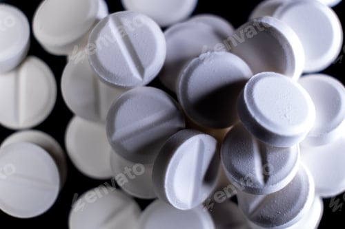 Preview: overhead view of some white pills on a black background