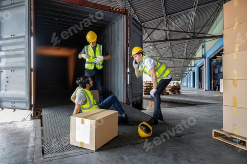 Preview: Worker carry carton box taken from 40 feet steel container got accident drop box to floor injury