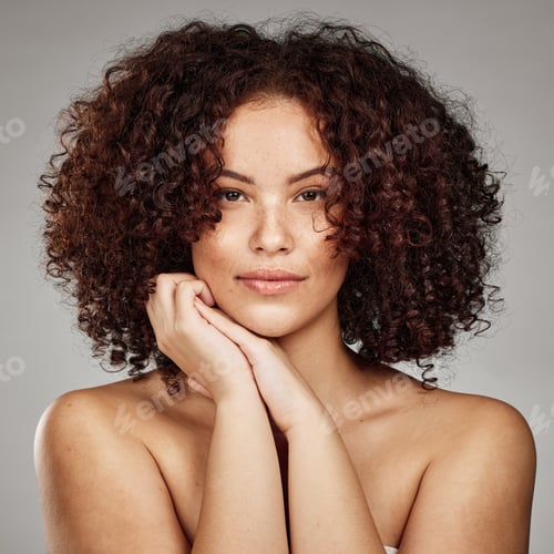 Preview: Hair care, beauty and aesthetic portrait of black woman with cosmetic afro treatment campaign. Heal