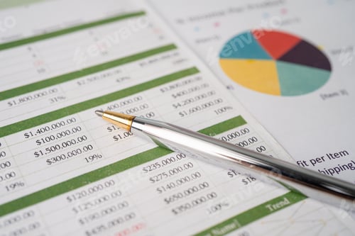 Preview: Pen on chart or graph paper. Financial, account, statistics and business data concept.