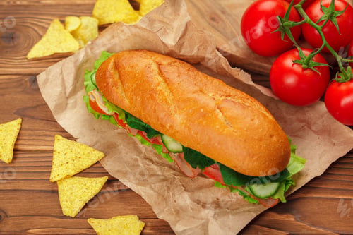 Preview: Fresh sandwich with vegetables and tomatoes on wooden table with chips nearby