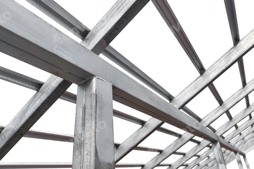 Preview: Steel beam structure roof building site isolated on white background, Modern metal structure house,