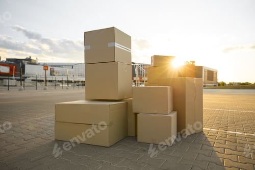 Preview: Parcel boxes stack on street city waiting for house moving service