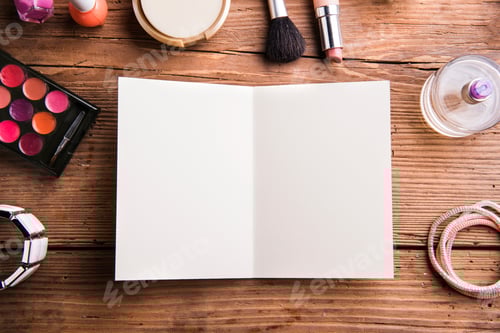 Preview: Empty greeting card laid on table. Make up products.