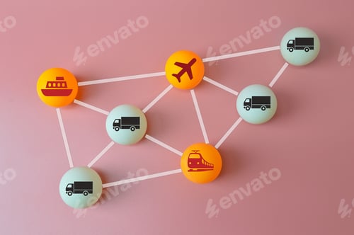 Preview: Connected logistics and supply chain concept. Table tennis ball with plane, trucks, train and ship s