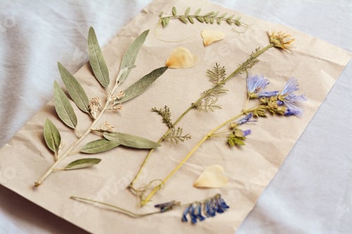 Preview: Sheet of paper with dried flowers and leaves on white fabric, closeup