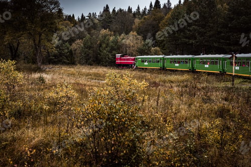 Preview: Retro Train Journey Trough Bieszczady Mountains in Poland. Autum Season. Moody and Toned Image