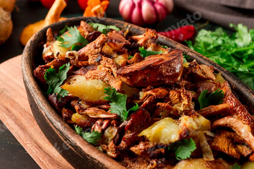 Preview: Fried chanterelles with mushrooms, in a clay pan, close-up, top view, selective focus,