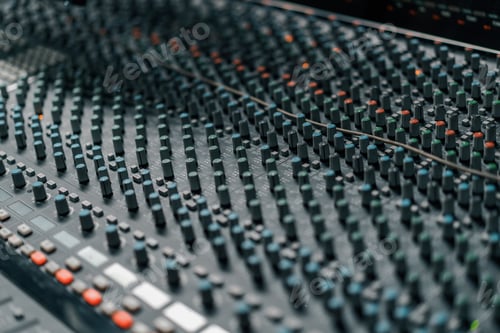 Preview: A recording studio control panel mixer with an equalizer faders buttons for broadcasting a recording