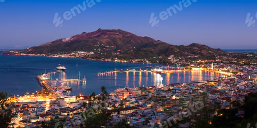 Preview: Panoramic Aerial night view of Zakynthos city in Zante island,