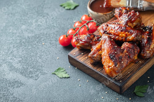 Preview: Baked chicken wings in barbecue sauce in a cast iron pan on an old wooden rustic table.