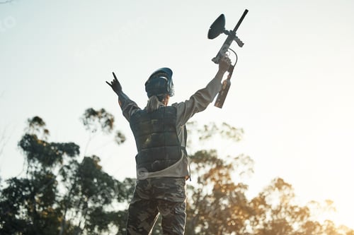 Preview: Paintball game, victory or woman celebration, cheers or excited for battlefield success, army train