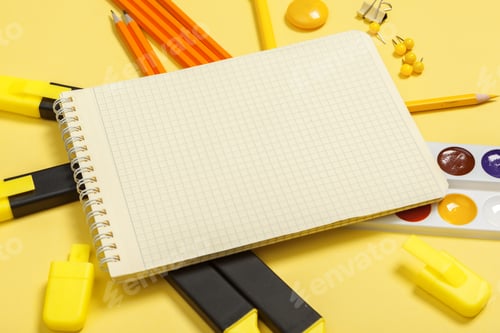 Preview: school supplies at abstract colorful background texture
