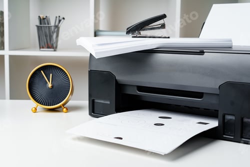 Preview: Workplace with modern printer and clock in the office