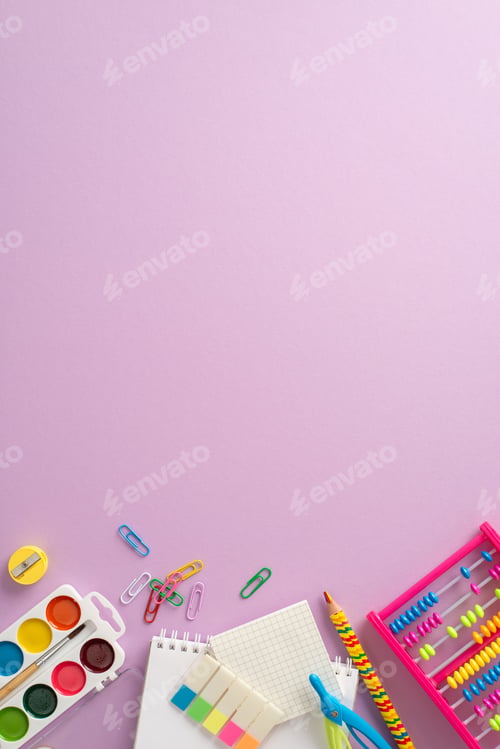 Preview: Creative learning materials. Vertical top view perspective of vibrant tools