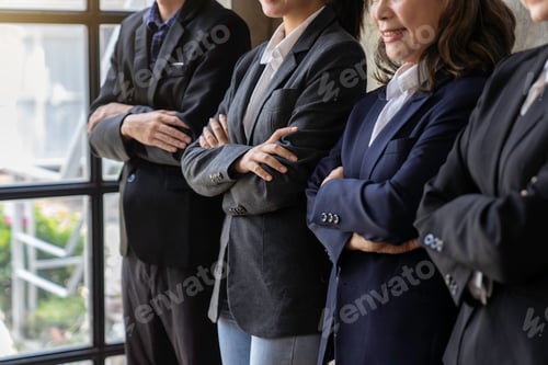 Preview: Many Asian business people meet standing in rows with their arms crossed and confident. Company orga