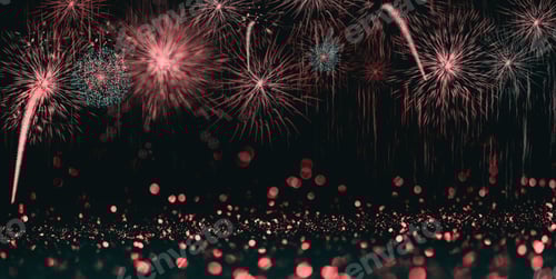 Visualização: Fundo abstrato de celebração com fogos de artifício coloridos e luzes de bokeh.