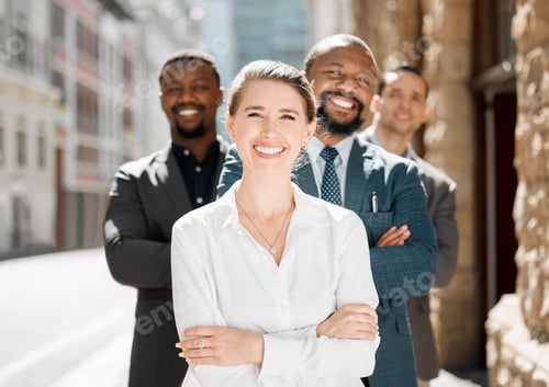 Preview: Here to solve your case. Shot of a group of business people together.