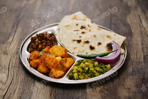 Preview: Indian style vegetarian plate. kala chana masala, aloo gobi ki sabzi, mooli ki sabzi and chapati.