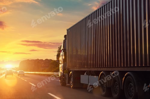 Preview: Scenic front view big long heavy semi-treailer truck with sea shipping container driving highway