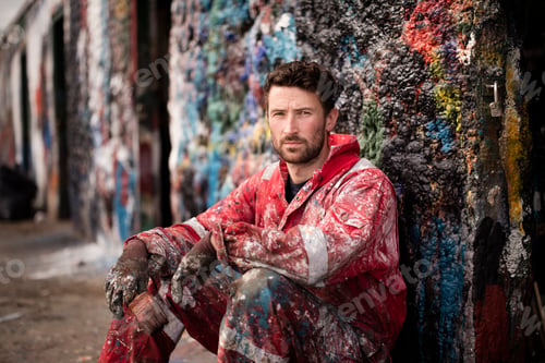 Preview: Portrait of male ship painter sitting against paint splattered wall