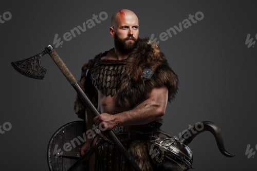 Preview: Viking man in a beard and bald head against a gray background