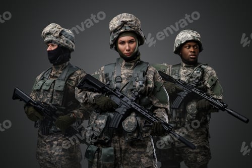 Preview: Shot of squad of three soldiers against gray background